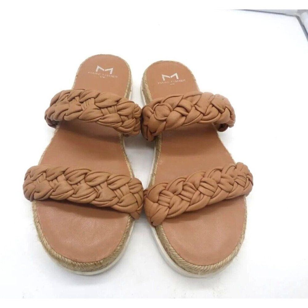 $130.00 Mark Fisher Jamie Flat Espadrille Slip-on Leather Sandals, Brown (Taupe)